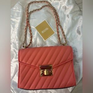 Michael Kors Coral Quilted Crossbody Bag Gold Chain Lock Closure
